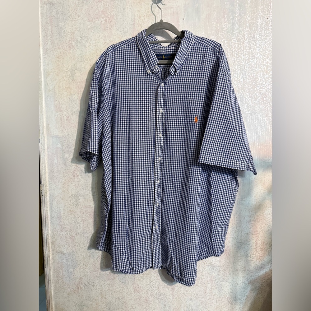 Ralph Lauren Men’s Navy and White Gingham Button-Down Shirt With Orange Pony 3XB